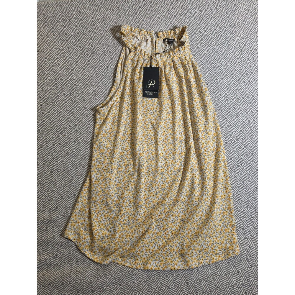 Adrianna Papell Floral Print Dress Yellow Gray Ruffle Neckline Size S NWT